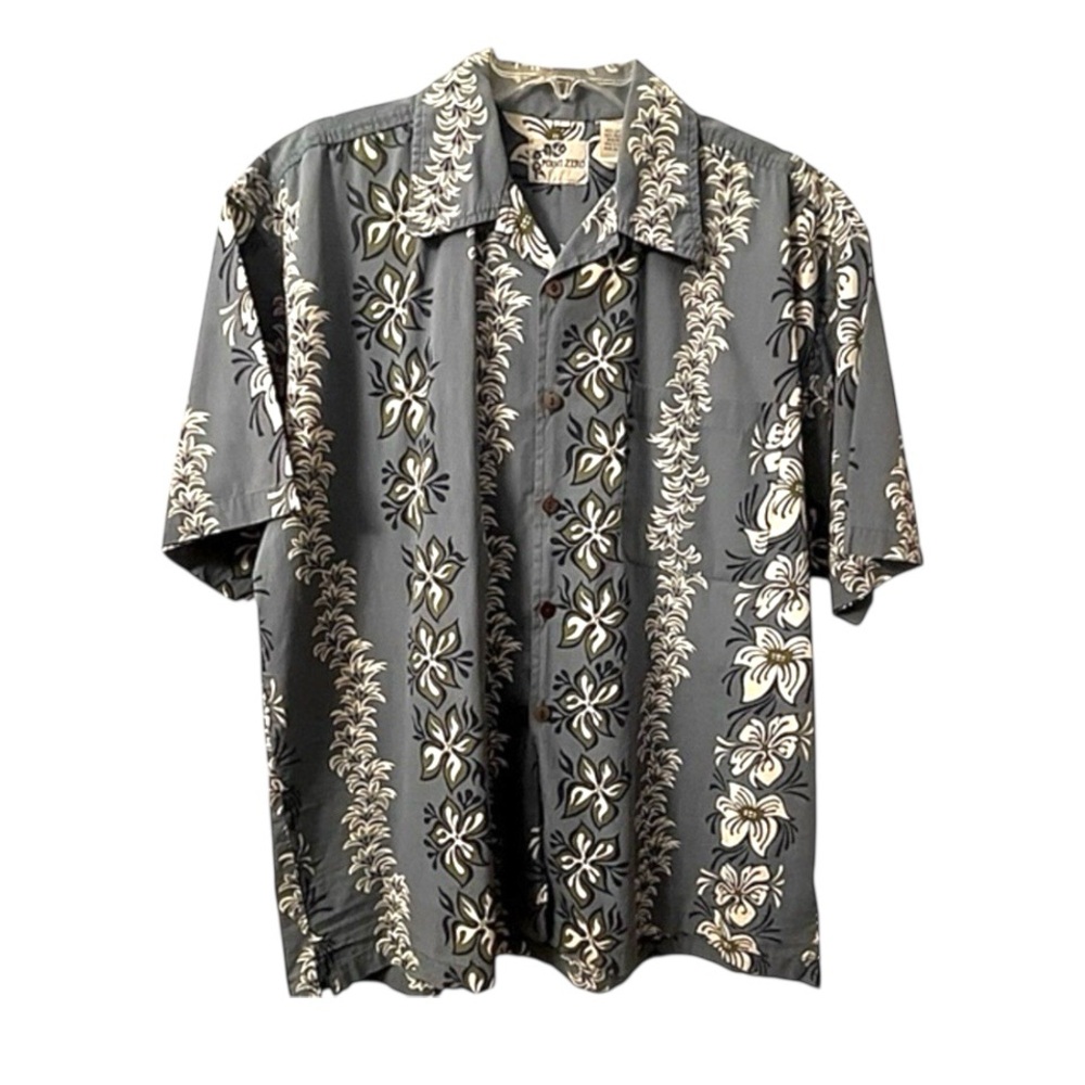 Point Zero Crisp White Cotton & Blue Hawaiian Lei Button-Down Short-Sleeve Shirt